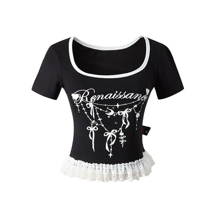 Splicing Square Neck Short Sleeve T-Shirt Women Summer Slim Fit Shoulder Short Top