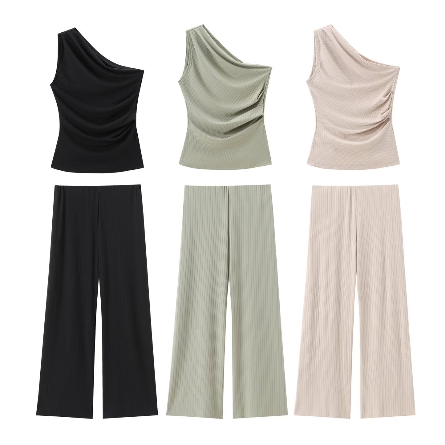 Women's High-Waist Wide-Leg Pants + Asymmetric Collar Sleeveless Top Set