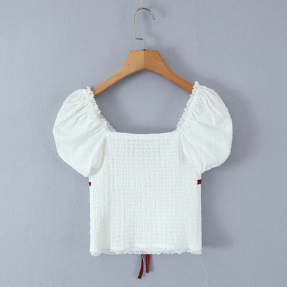 Lace V-neck waist cinched bubble sleeve shirt