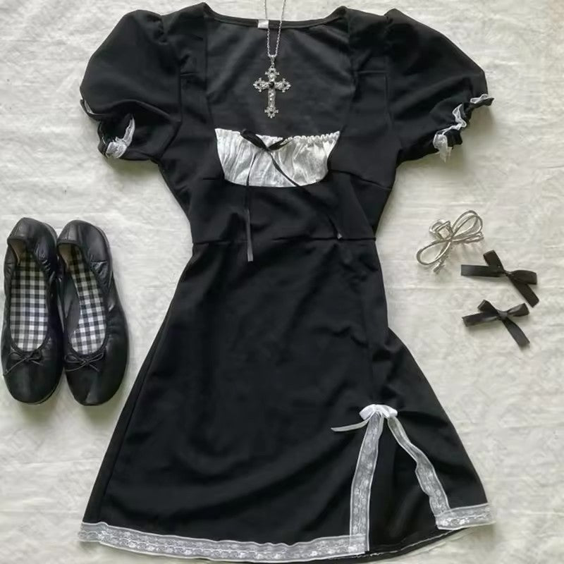 Short Sleeve Lace Retro Fashion Slim Waist-Cinching Versatile Plaid Dress