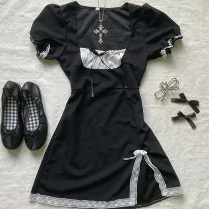 Short Sleeve Lace Retro Fashion Slim Waist-Cinching Versatile Plaid Dress