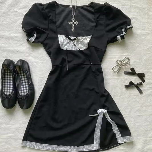 Short Sleeve Lace Retro Fashion Slim Waist-Cinching Versatile Plaid Dress