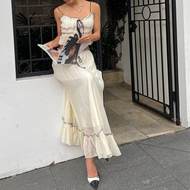 Sexy vacation style camisole top slim fit temperament long skirt set