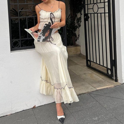 Sexy vacation style camisole top slim fit temperament long skirt set