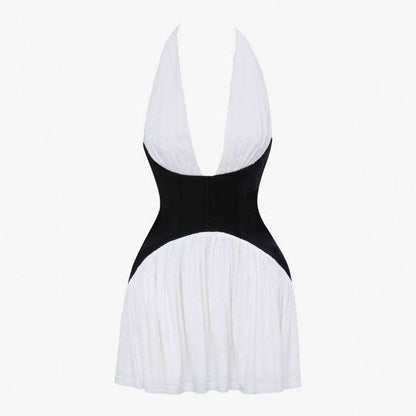 Black and White Contrast Color Halter Sexy Backless Waist-Cinching Short Dress