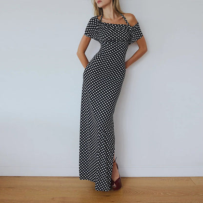 Strapless neck hanging slim fit women's polka dot dress