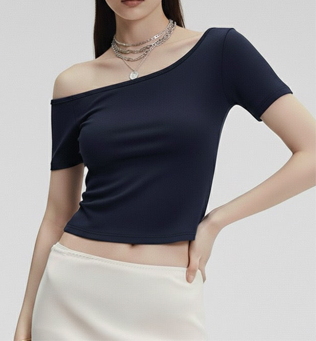 Style Solid Color Off-the-Shoulder Short Sleeve T-Shirt for Women, Slim Fit Short Length Half-Sleeve Top