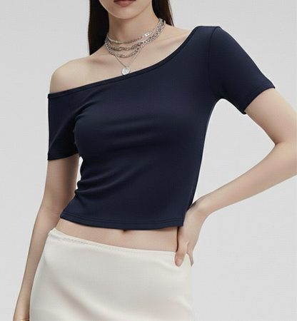Style Solid Color Off-the-Shoulder Short Sleeve T-Shirt for Women, Slim Fit Short Length Half-Sleeve Top