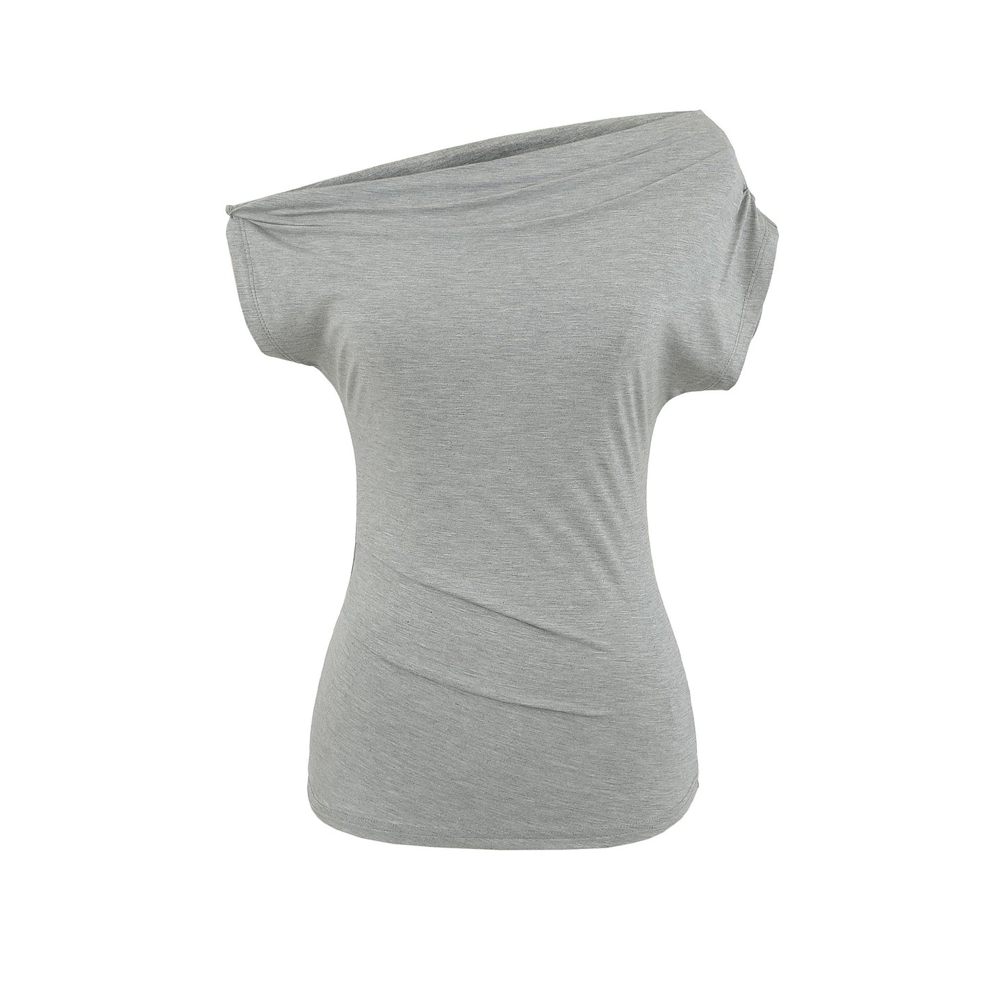 Slant neck off shoulder pleated slim fit short sleeved T-shirt