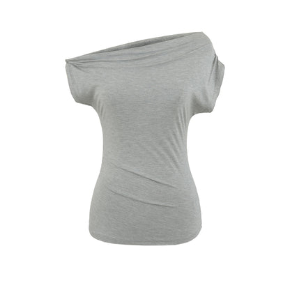 Slant neck off shoulder pleated slim fit short sleeved T-shirt