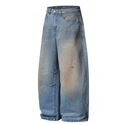 Washed Distressed Design Tapered Jeans for Women, Loose Fit Casual Wide-Leg Pants