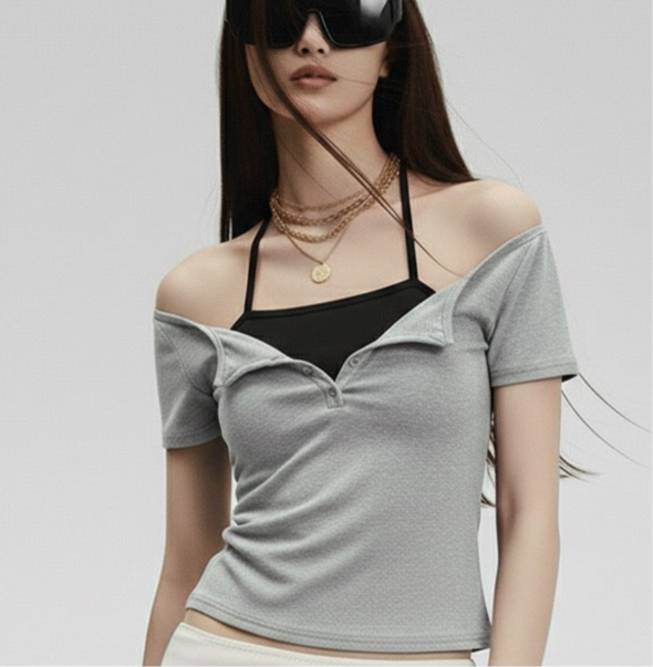 Fake Two-Piece Halter Tie Slim Fit Short Sleeve Top for Women