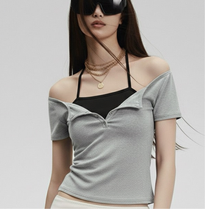 Fake Two-Piece Halter Tie Slim Fit Short Sleeve Top for Women