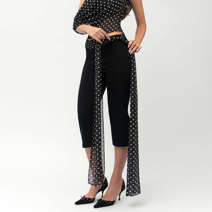 Women's Sleeveless Drop Shoulder Top with Belt and Flared Mid-Length Pants Set