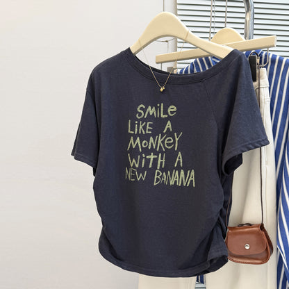 Cotton Pleated Waist Short Sleeve T-Shirt Women's Slim Korean Version Sexy Off-Shoulder Top