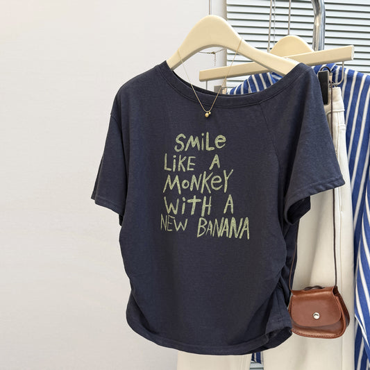 Cotton Pleated Waist Short Sleeve T-Shirt Women's Slim Korean Version Sexy Off-Shoulder Top