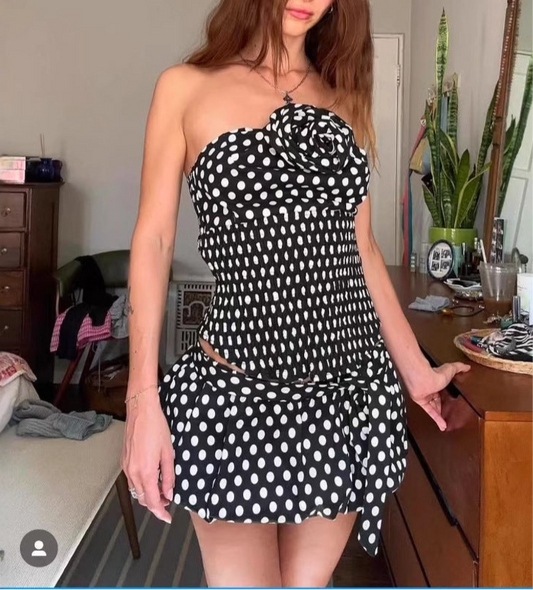 Women's Fashion Sexy Halter Polka Dot Tied Top + Skirt Set