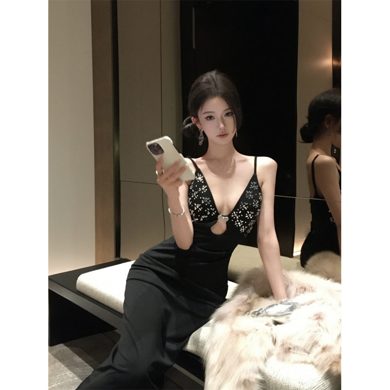 Spicy Girl Dress with Rhinestone Metal Accessories Long Length Off-the-Shoulder Bandage Fitted Halter Dress