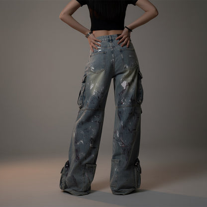 Retro graffiti multi pocket wide leg jeans