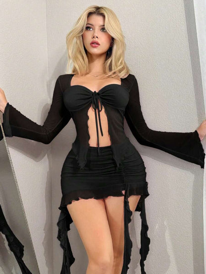 Mesh hollow long sleeved summer skirt two-piece set