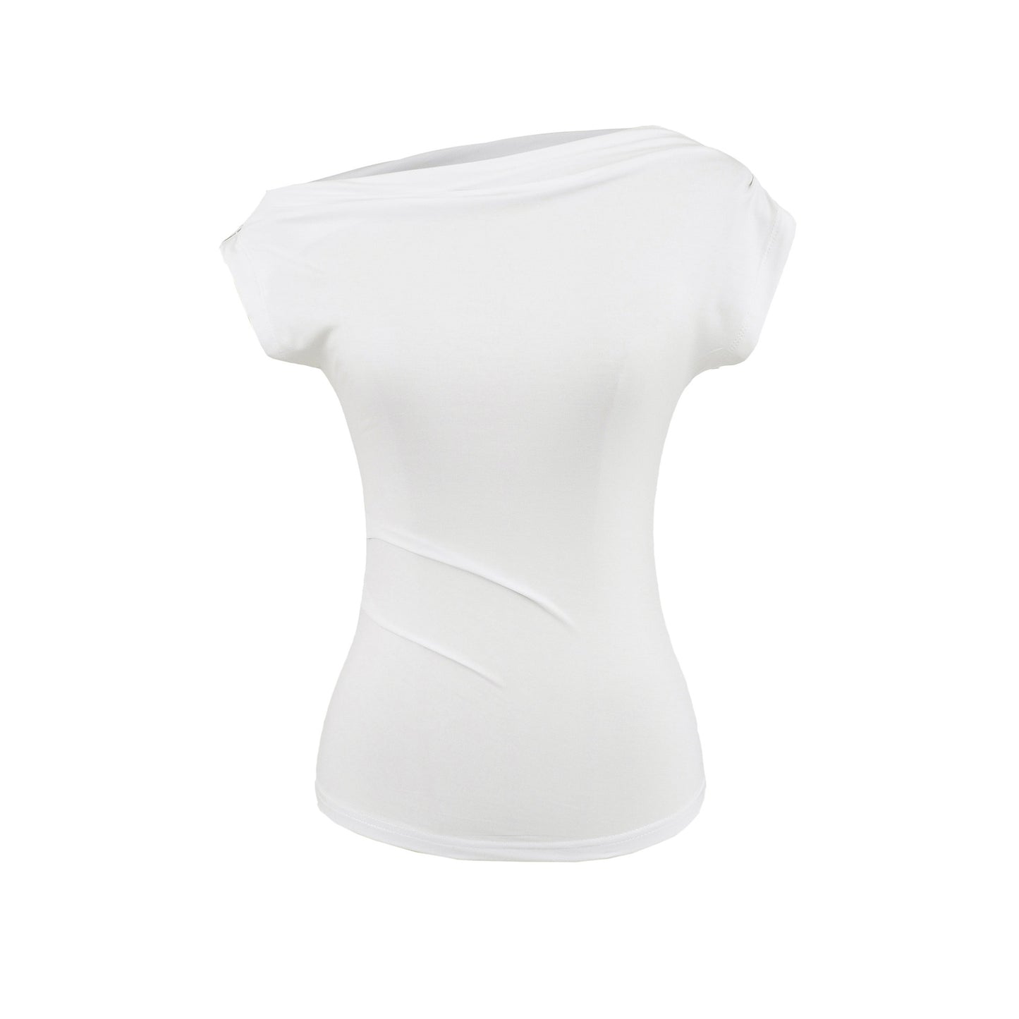 Slant neck off shoulder pleated slim fit short sleeved T-shirt