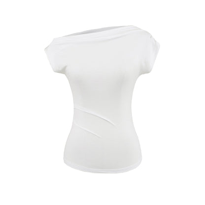 Slant neck off shoulder pleated slim fit short sleeved T-shirt