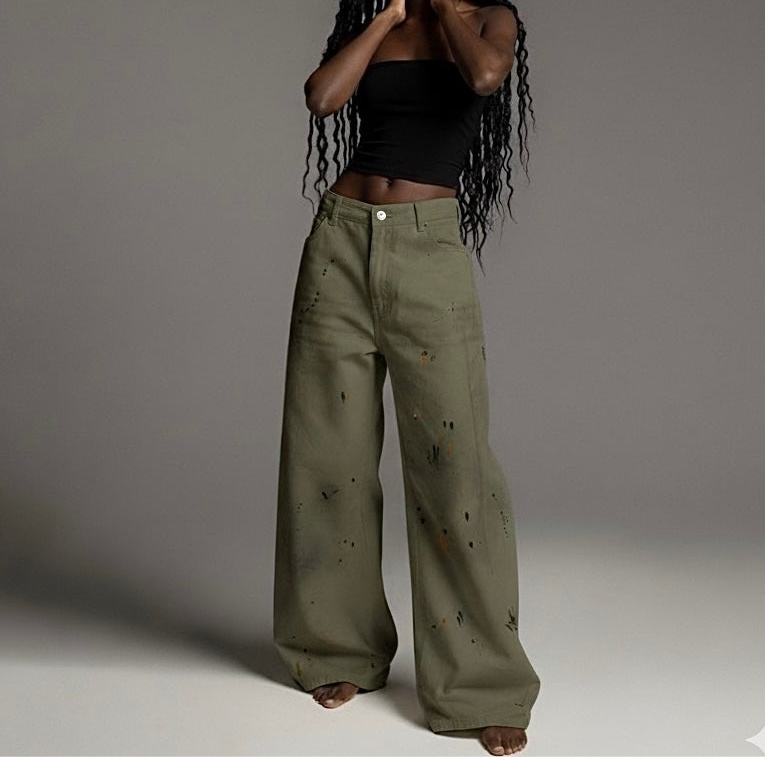 Street Style Washed Print Tapered Denim Long Pants