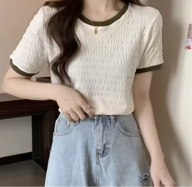 Style Short T-Shirt Women's Slim Fit Korean Version Base Layer with Wooden Edge Half Sleeve Top