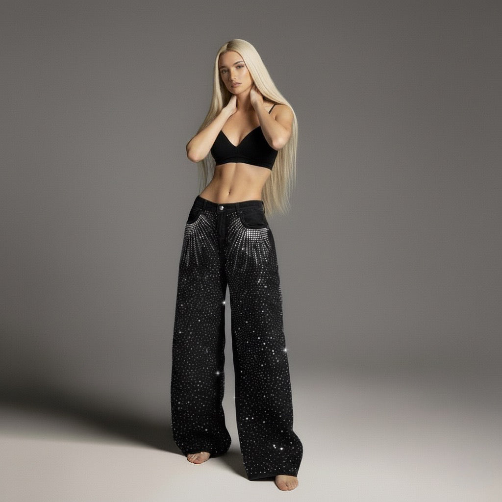 Street Style High-Quality Washed Beaded Loose Denim Long Pants