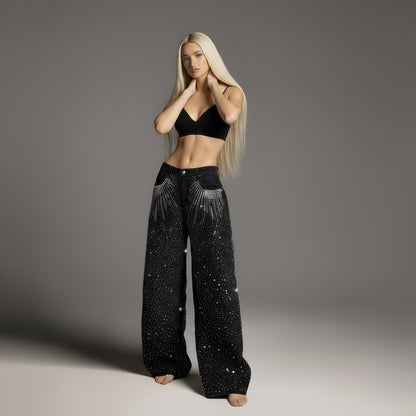 Street Style High-Quality Washed Beaded Loose Denim Long Pants