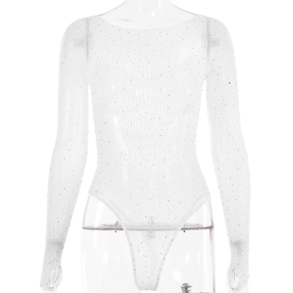High elasticity knitted see through long sleeved hollow hot stamping jumpsuit for women