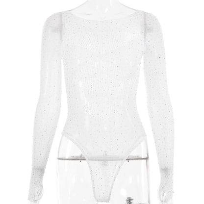 High elasticity knitted see through long sleeved hollow hot stamping jumpsuit for women
