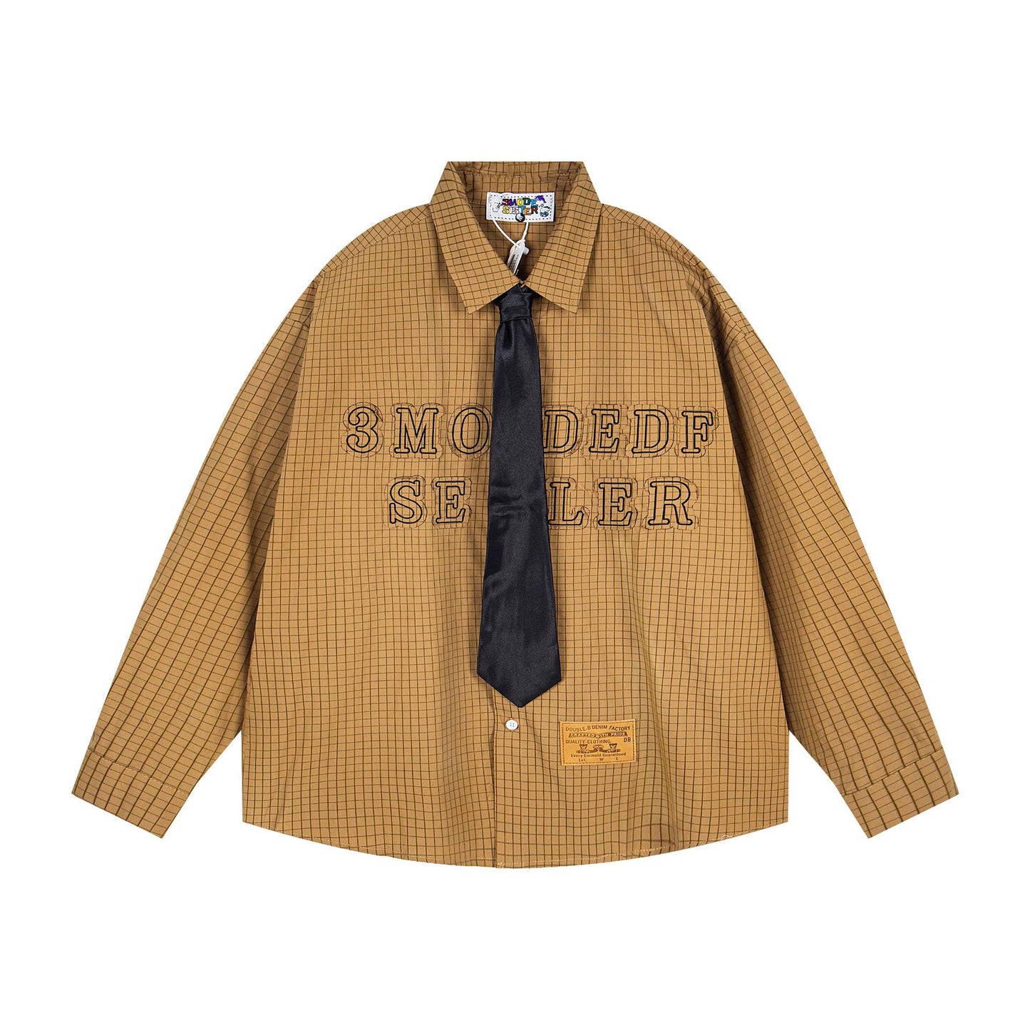Letter Embroidery Striped Collar Long Sleeve Shirt Men's  College Style Couple Loose Casual Shirt