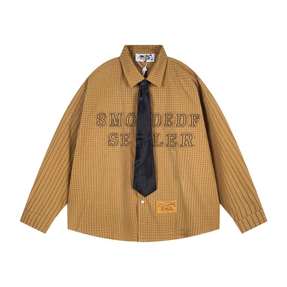 Letter Embroidery Striped Collar Long Sleeve Shirt Men's  College Style Couple Loose Casual Shirt