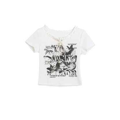 Short Sleeve T-Shirt for Women Slim Fit Spicy Girl Style Casual Tie-Back Crop Top