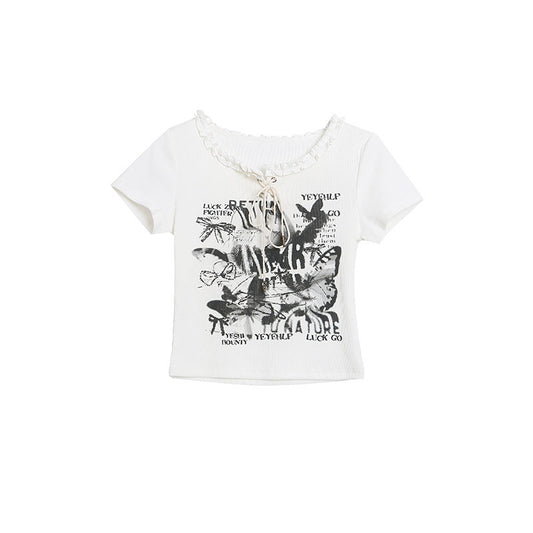 Short Sleeve T-Shirt for Women Slim Fit Spicy Girl Style Casual Tie-Back Crop Top