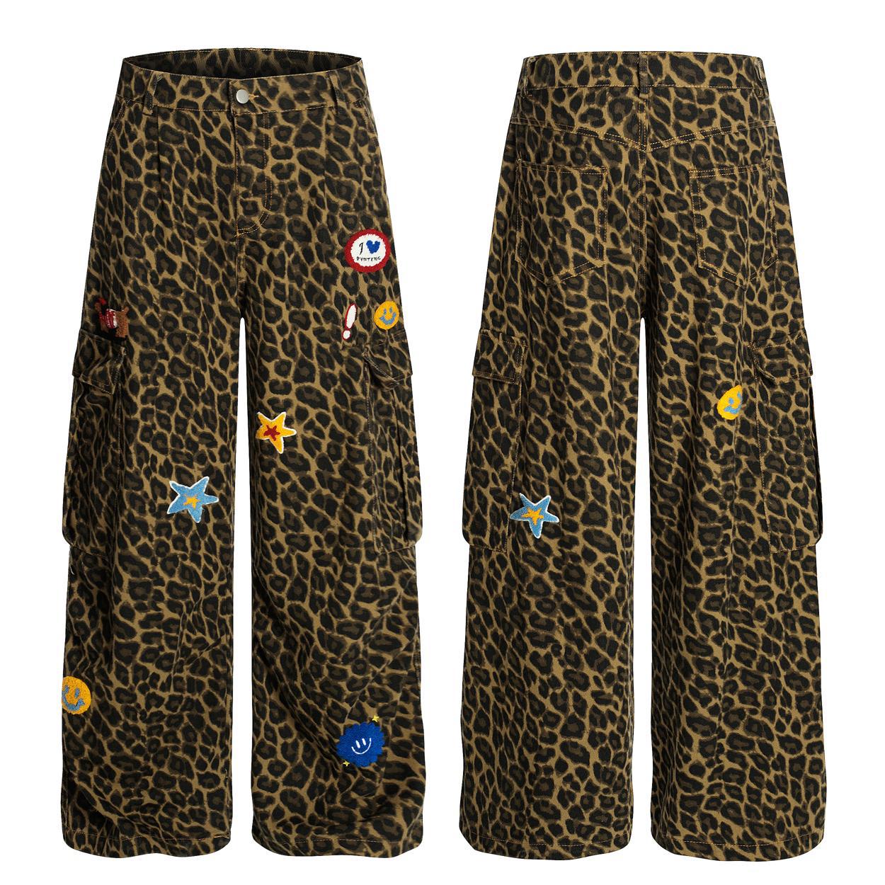 Leopard patterned star towel embroidered washed casual pants