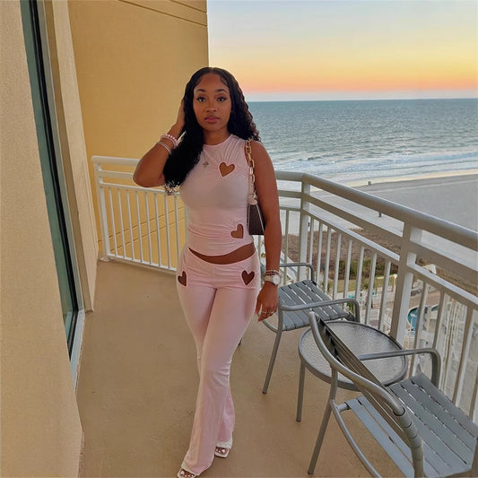 Women's  Sexy Slim Heart-shaped Hole Top and Long Pants Set