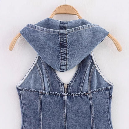 Women's Hollow Back Hooded Denim Shirt
