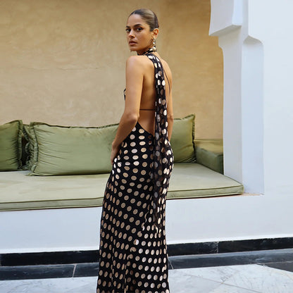 Polka Dot Long Dress - Slim Fit Backless Halter Neckline