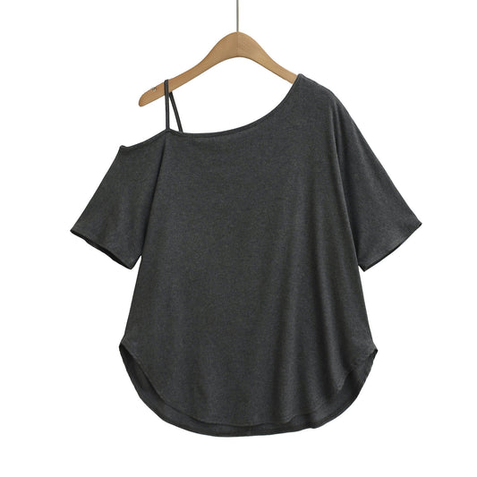 One-Shoulder Off-The-Shoulder Curved Hem Loose Short Sleeve T-Shirt