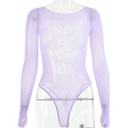 High elasticity knitted see through long sleeved hollow hot stamping jumpsuit for women