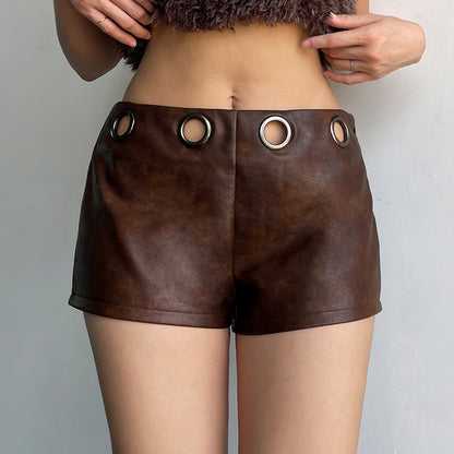 Motorcycle style leather splicing hole waist top spicy girl low waist shorts