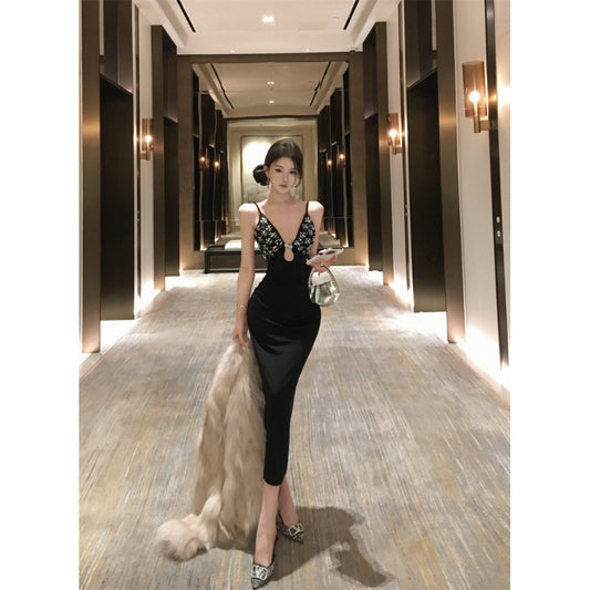 Spicy Girl Dress with Rhinestone Metal Accessories Long Length Off-the-Shoulder Bandage Fitted Halter Dress