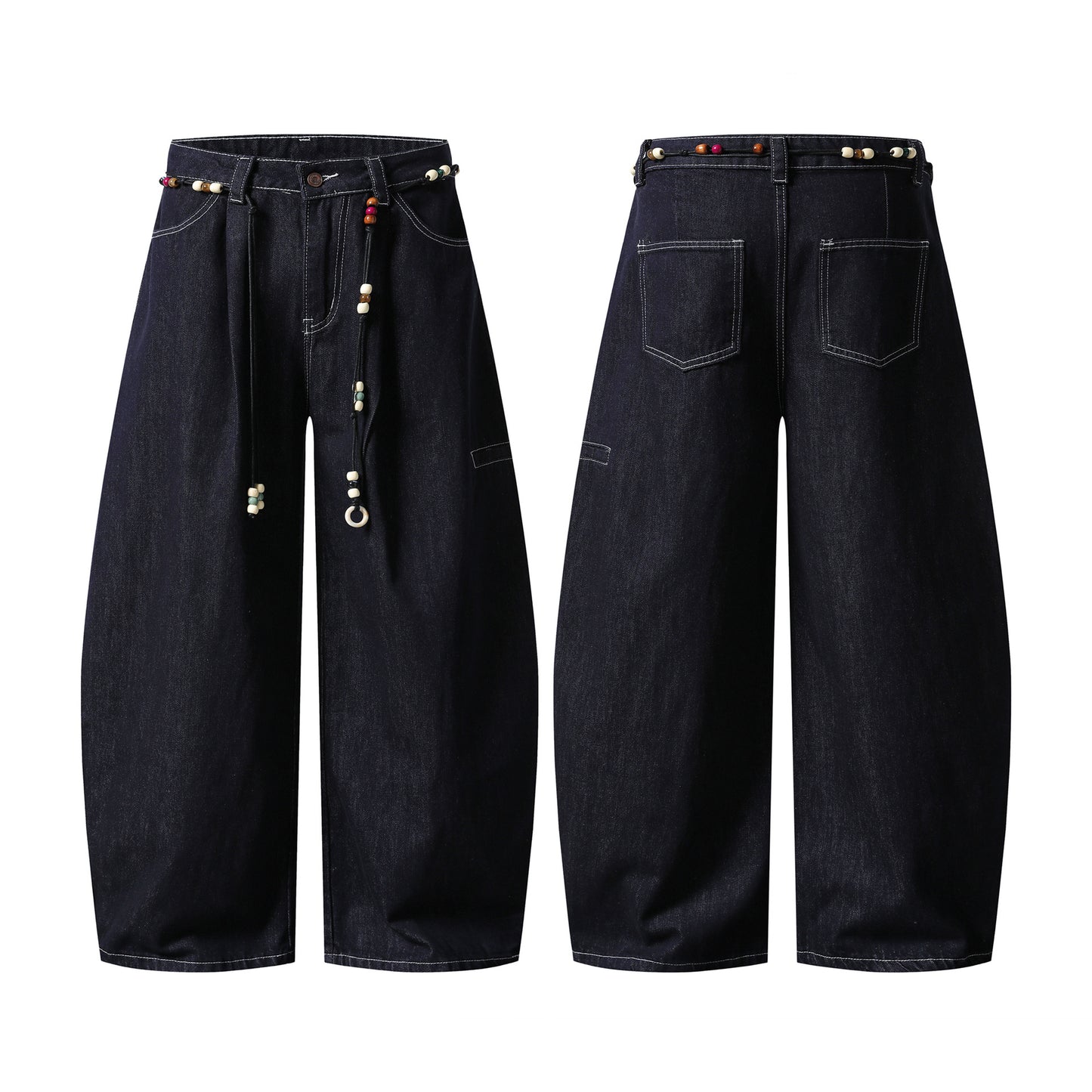 Retro Unique Design Beaded Waist Cord Flared Denim Pants Unisex Loose Slimming Versatile Wide Leg Long Trousers