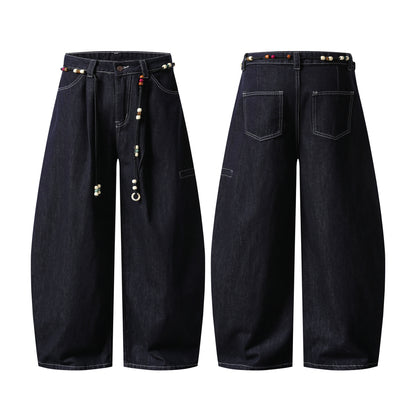 Retro Unique Design Beaded Waist Cord Flared Denim Pants Unisex Loose Slimming Versatile Wide Leg Long Trousers