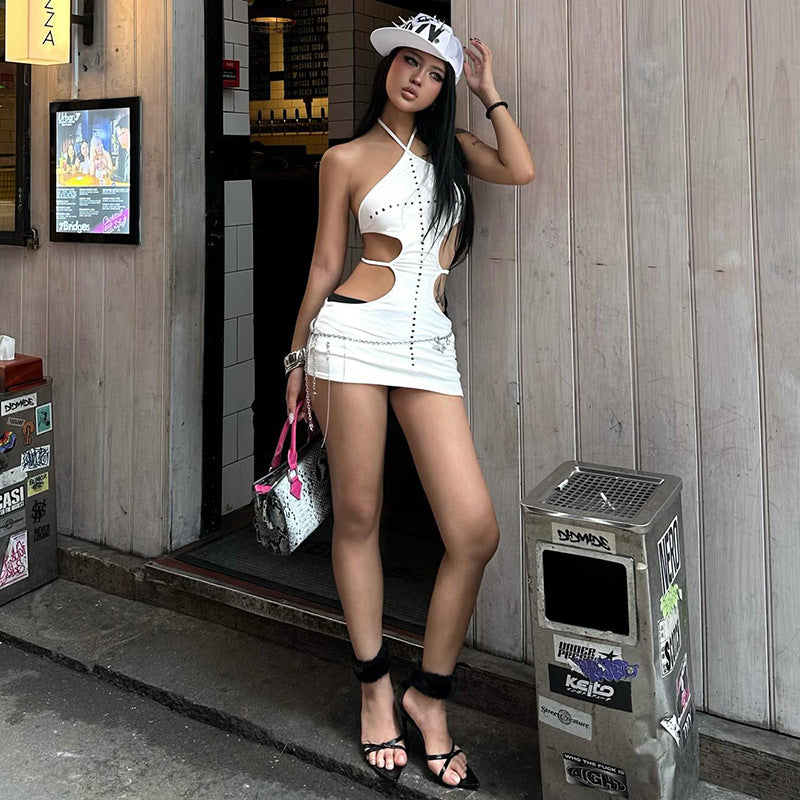 Irregular sleeveless backless pure color dress
