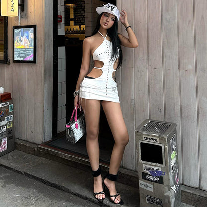 Irregular sleeveless backless pure color dress