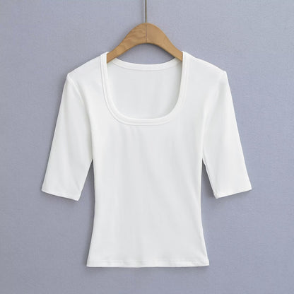 Elastic Fitted U-neck Lockbone Mid-sleeve Tee Shirt