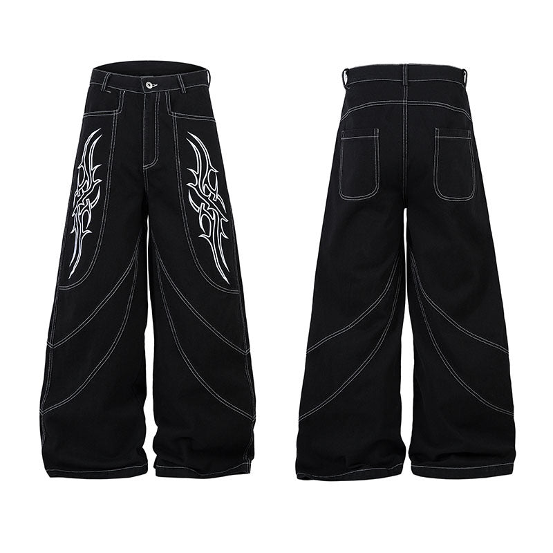 Wide Leg Long Pants Thorns Embroidery Loose Floor-Length Denim Pants Unisex Trendy